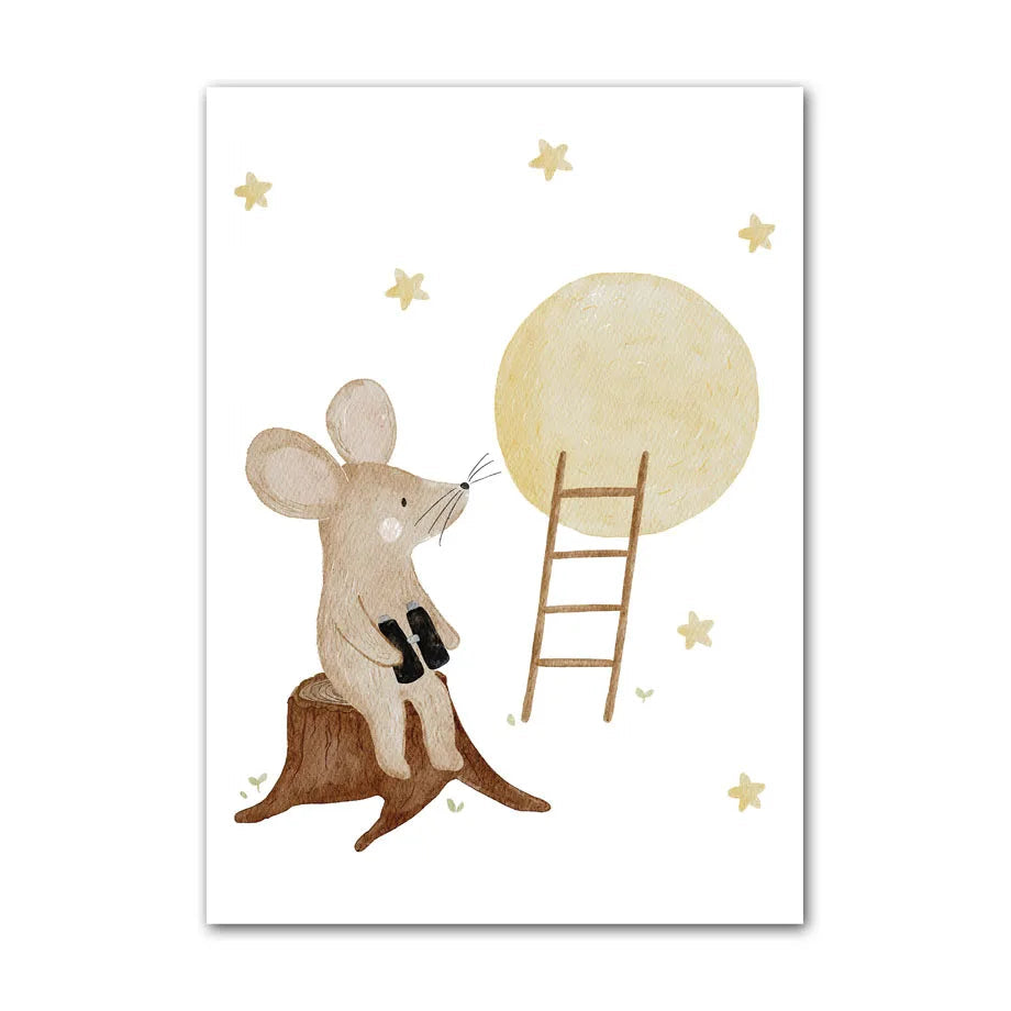 Illustration of a mouse with a moon and ladder on a white background