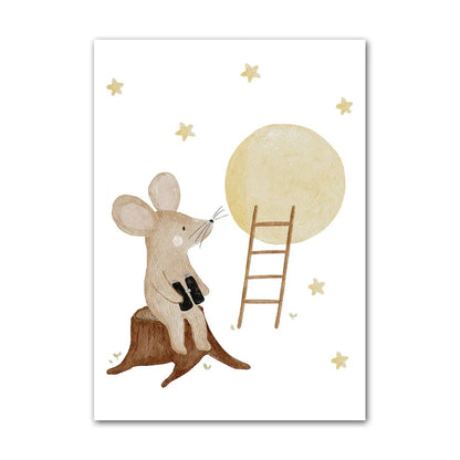 Illustration of a mouse with a moon and ladder on a white background