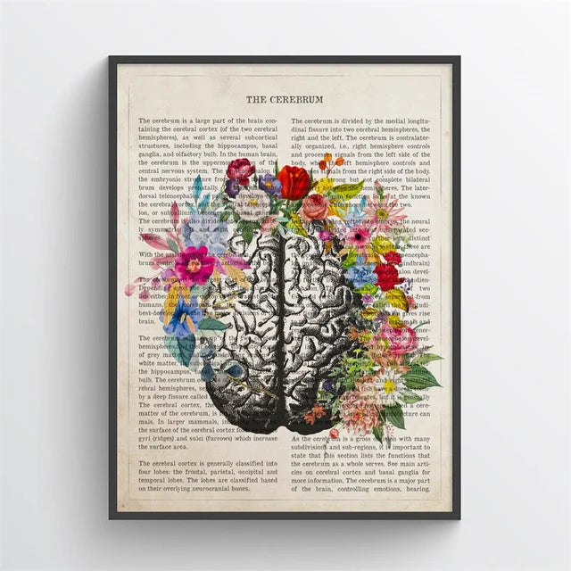 Framed artwork of a brain with floral elements on an open book page.