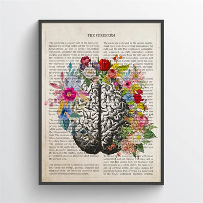Framed artwork of a brain with floral elements on an open book page.