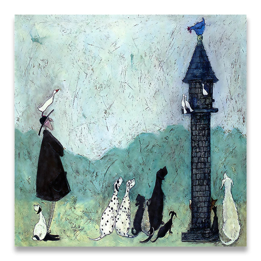 Artistic depiction of a figure with dogs near a tall tower on a textured background