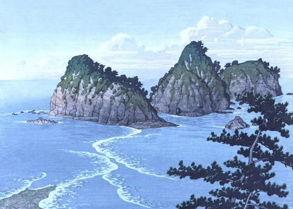 Scenic view of rocky islands and coastline with trees.