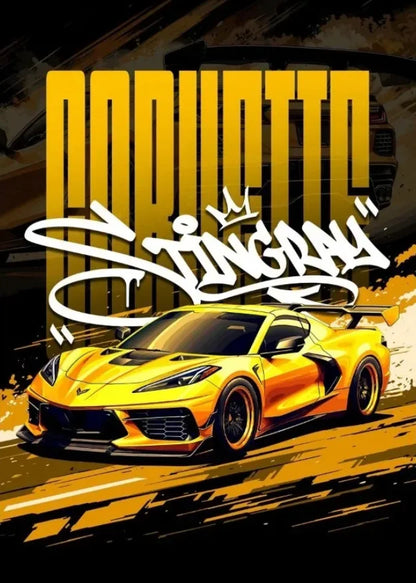 Yellow sports car with 'Modulo' and 'Stingray' text on a dark background