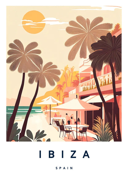 Illustration of a beach scene with palm trees and a building in Ibiza, Spain.