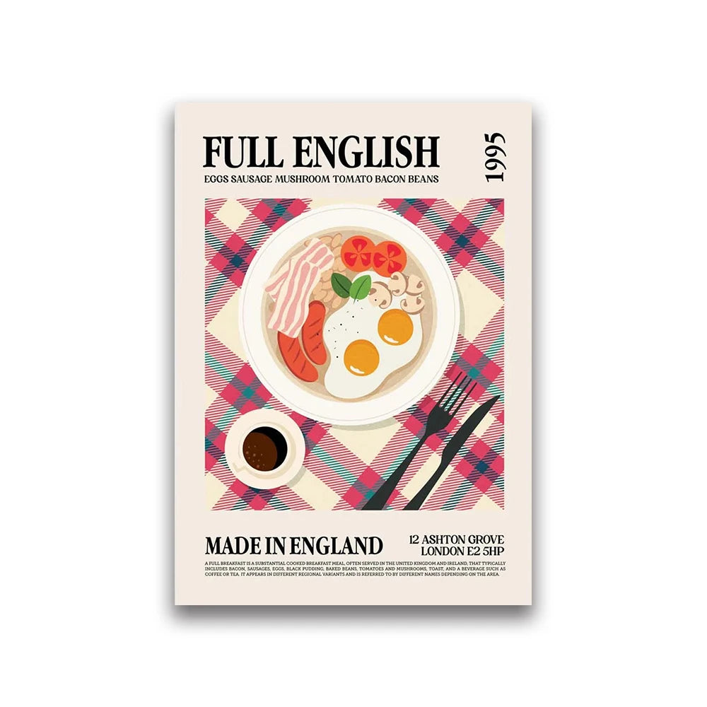 Poster with a breakfast illustration and text about a 'Full English' meal from 1969, made in England.