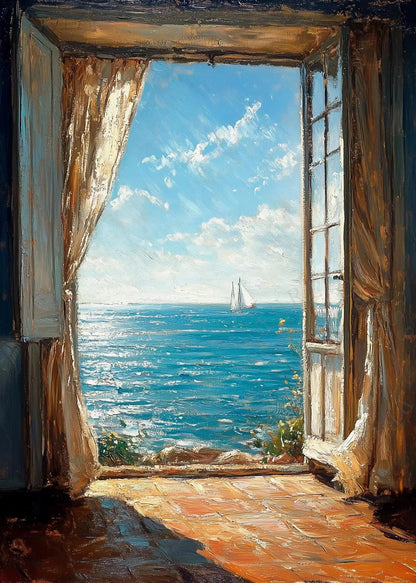 Open window with curtains showing a view of the ocean and sailboat