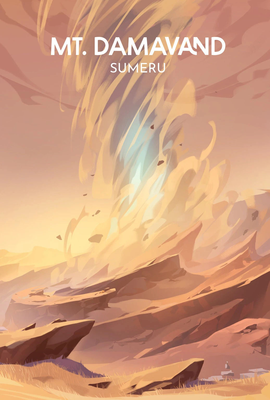 Artistic depiction of Mount Damavand with fiery effects and 'Mt. Damavand Sumeru' text.