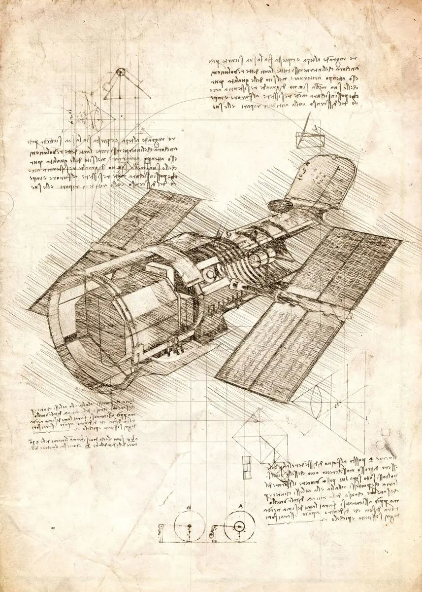 Detailed technical drawing of a flying machine on aged paper with annotations.