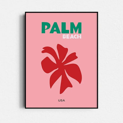 Poster with red palm tree design and 'Palm Beach USA' text on a pink background