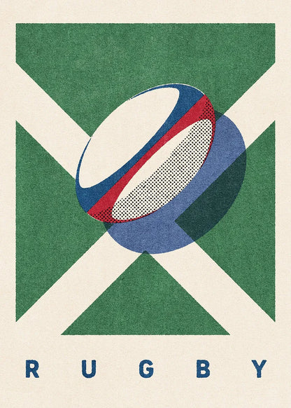 Rugby ball design with geometric shapes and 'RUGBY' text on a green and beige background