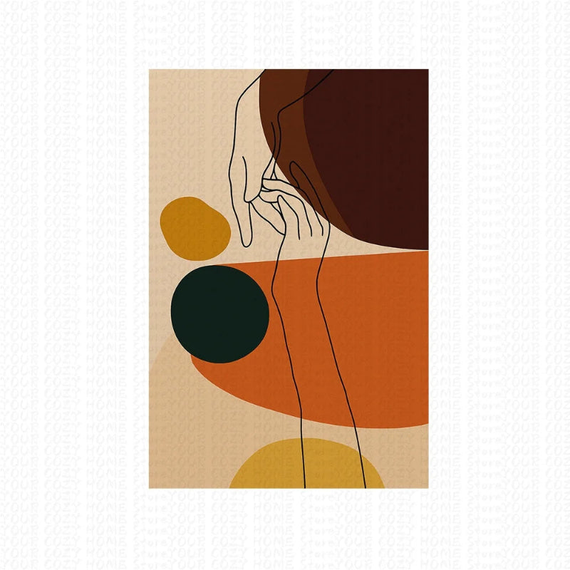 Abstract art print with hands holding each other and geometric shapes on a beige background