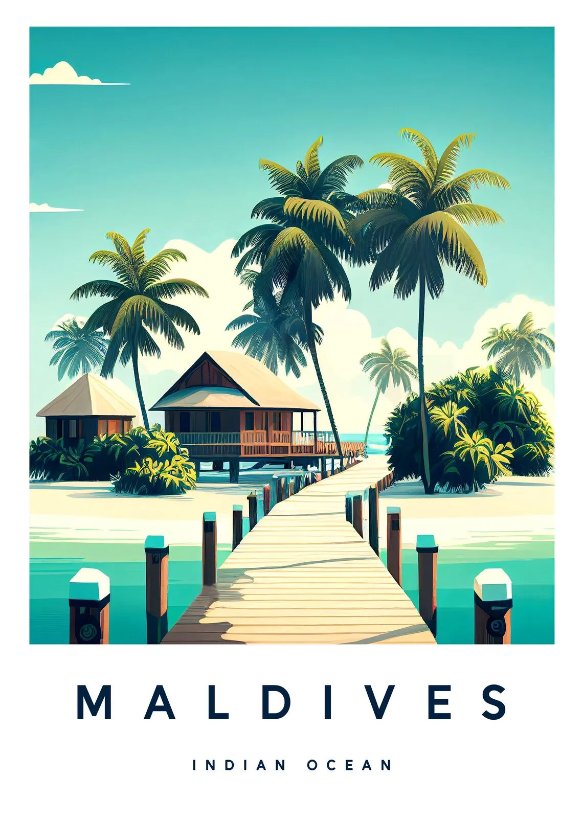 Tropical island with palm trees and a dock leading to bungalows, labeled 'Maldives'.