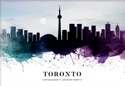 Toronto skyline with watercolor splashes on a light background