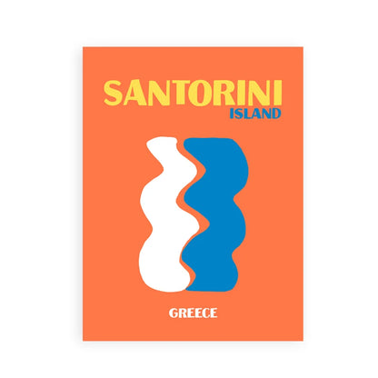 Santorini Island Greece poster with orange background, blue and white wavy shapes, and yellow text.