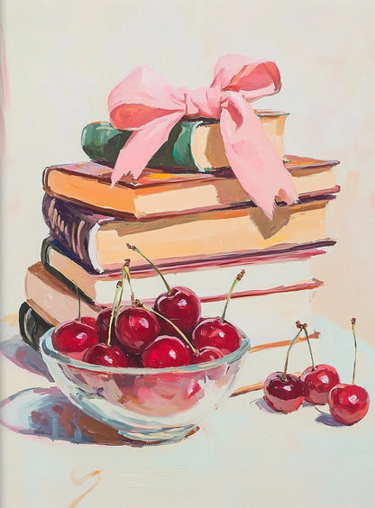 Stack of books with a pink ribbon and a bowl of cherries on a light background