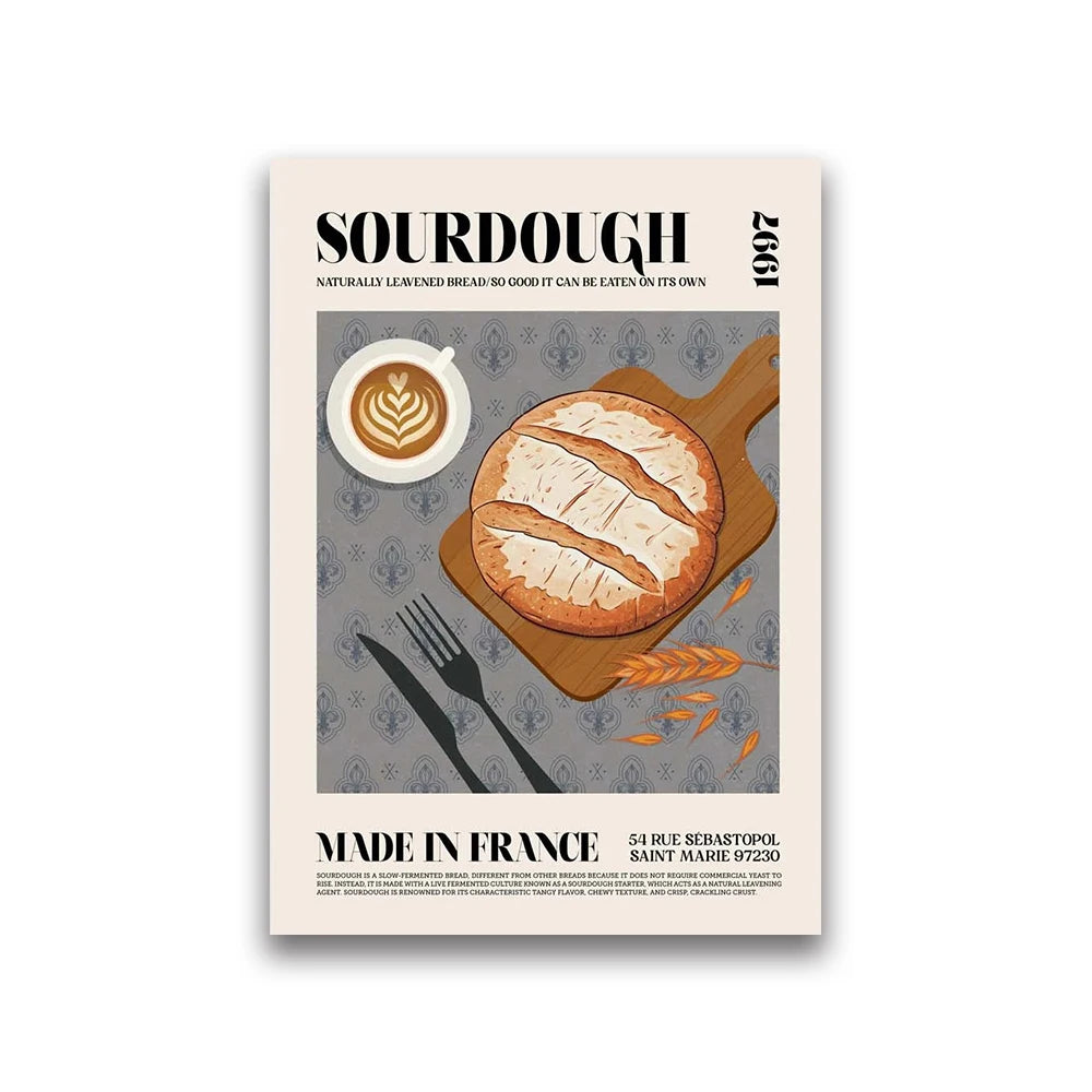 Poster with illustration of bread, coffee, and text about sourdough bread made in France.