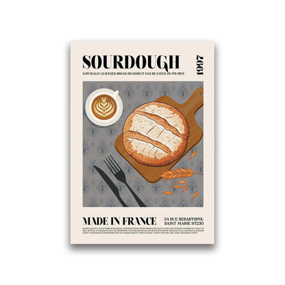 Poster with illustration of bread, coffee, and text about sourdough bread made in France.