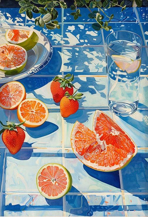 Fruits and a glass of water on a blue and white checkered tablecloth