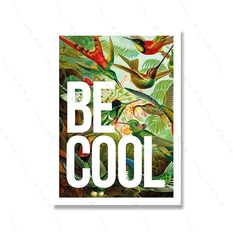 Poster with colorful birds and 'BE COOL' text on a white background
