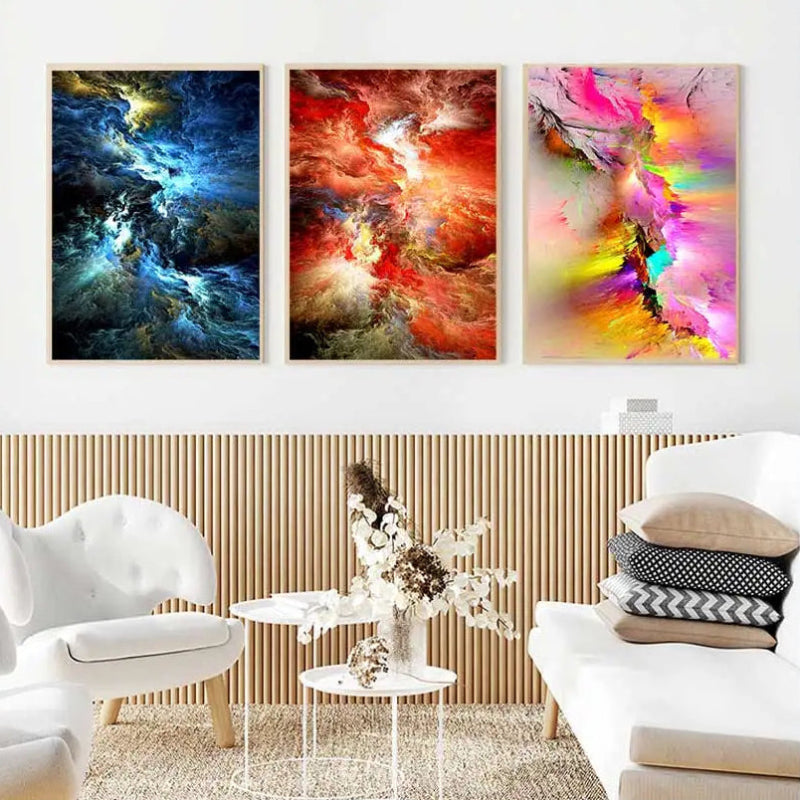 Colorful abstract wall art above a living room with modern decor.