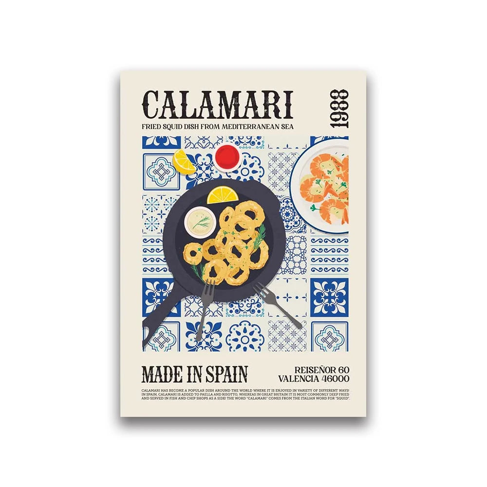 Poster of calamari with a frying pan on a decorative background, featuring text about Spanish cuisine.