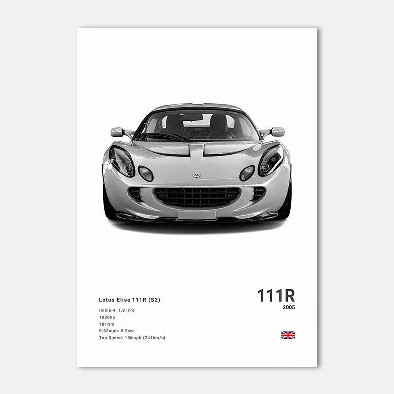 Lotus Elise 111R (S2) car on a white background with specifications listed.