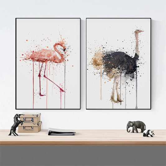 Two framed animal prints of a flamingo and an ostrich on a shelf. Canvas & Curio