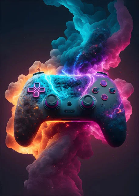Glossy gaming controller with colorful smoke effects on a dark background