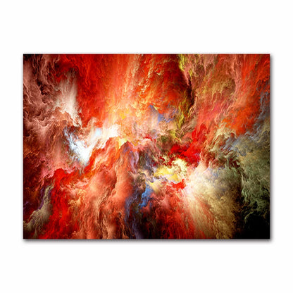 Abstract artwork with vibrant red, orange, and yellow colors on a white background