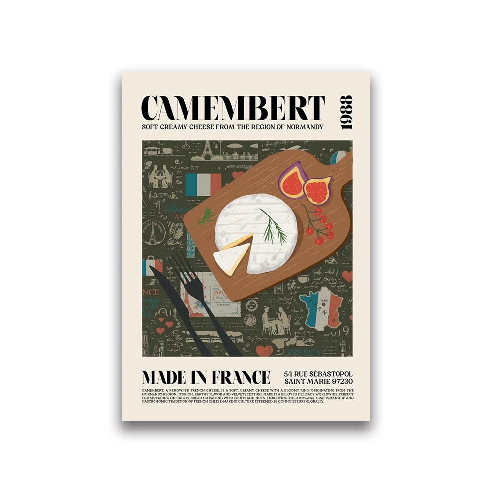 Poster of Camembert cheese with a wooden board, knife, and decorative elements on a beige border.