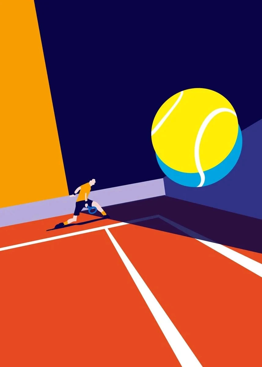 Illustration of a tennis player about to hit a large tennis ball on a court