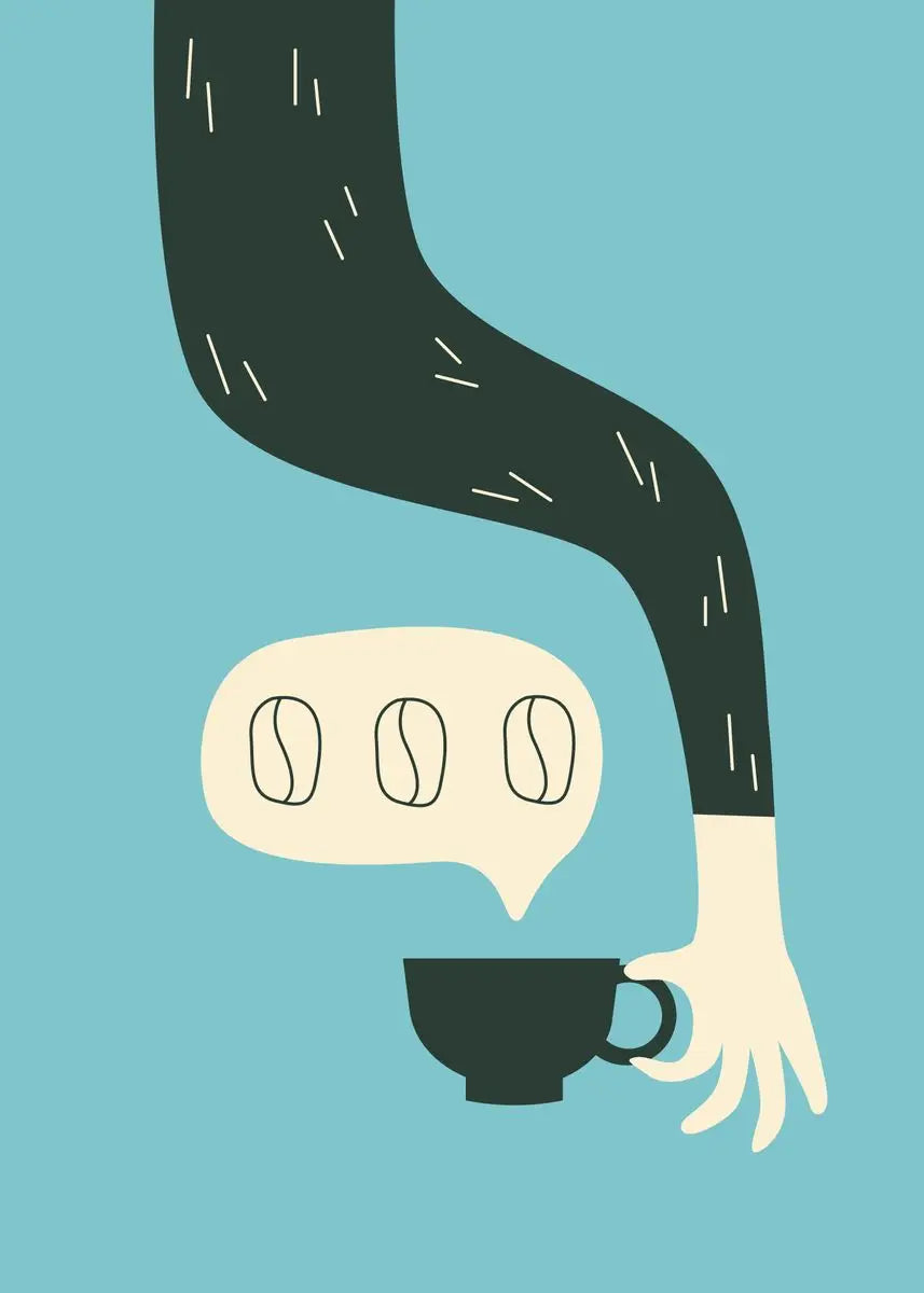 Illustration of a hand holding a coffee cup with a speech bubble containing coffee beans on a blue background.