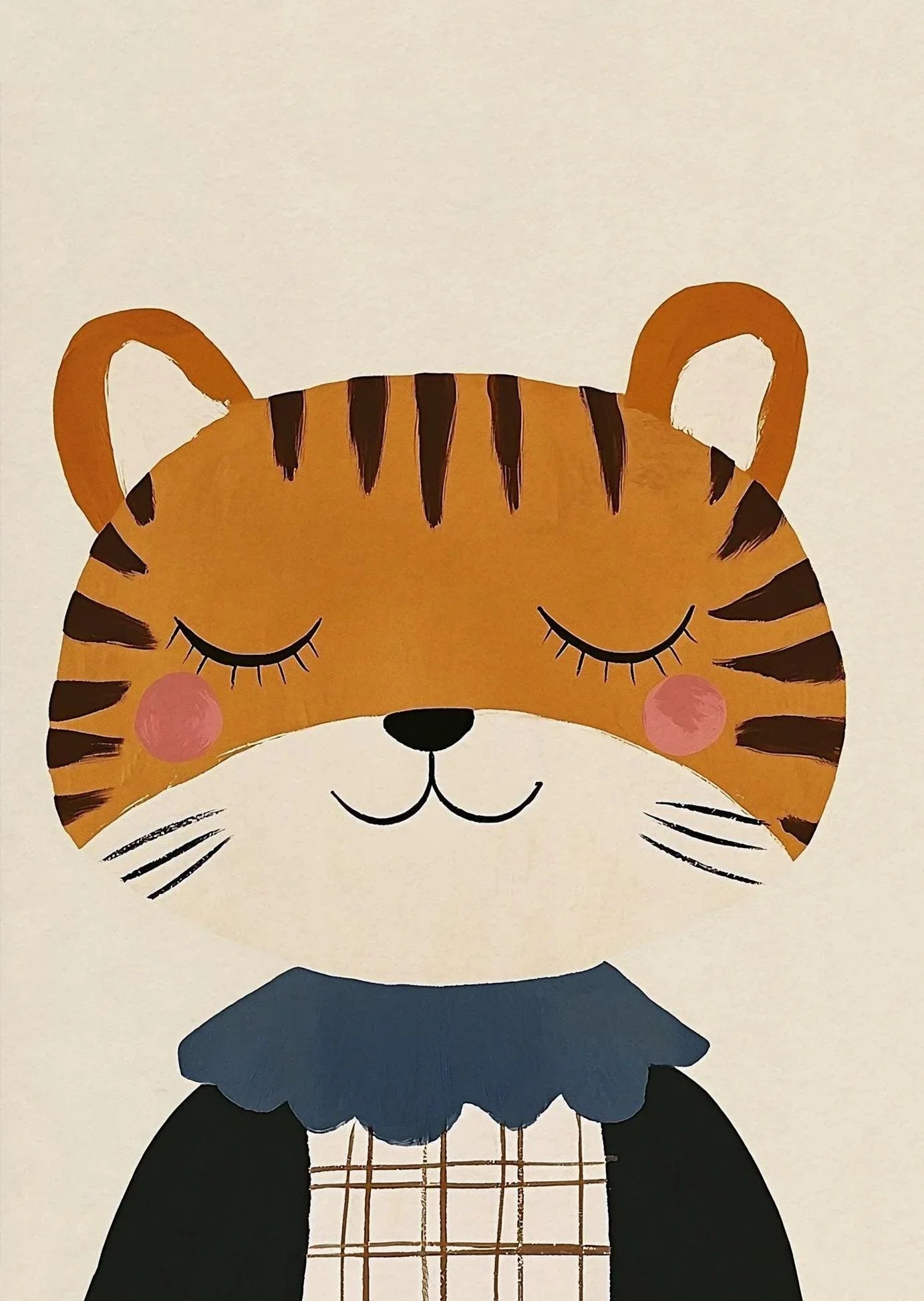 Illustration of a tiger with a blue collar on a beige background