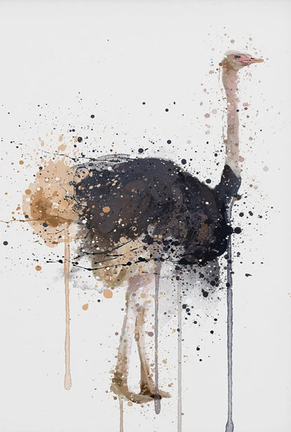 Abstract painting of an ostrich with splatter effects on a white background