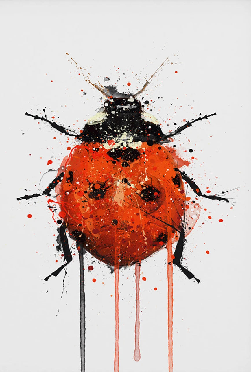 Abstract art of a ladybug with orange, black, and white colors on a white background