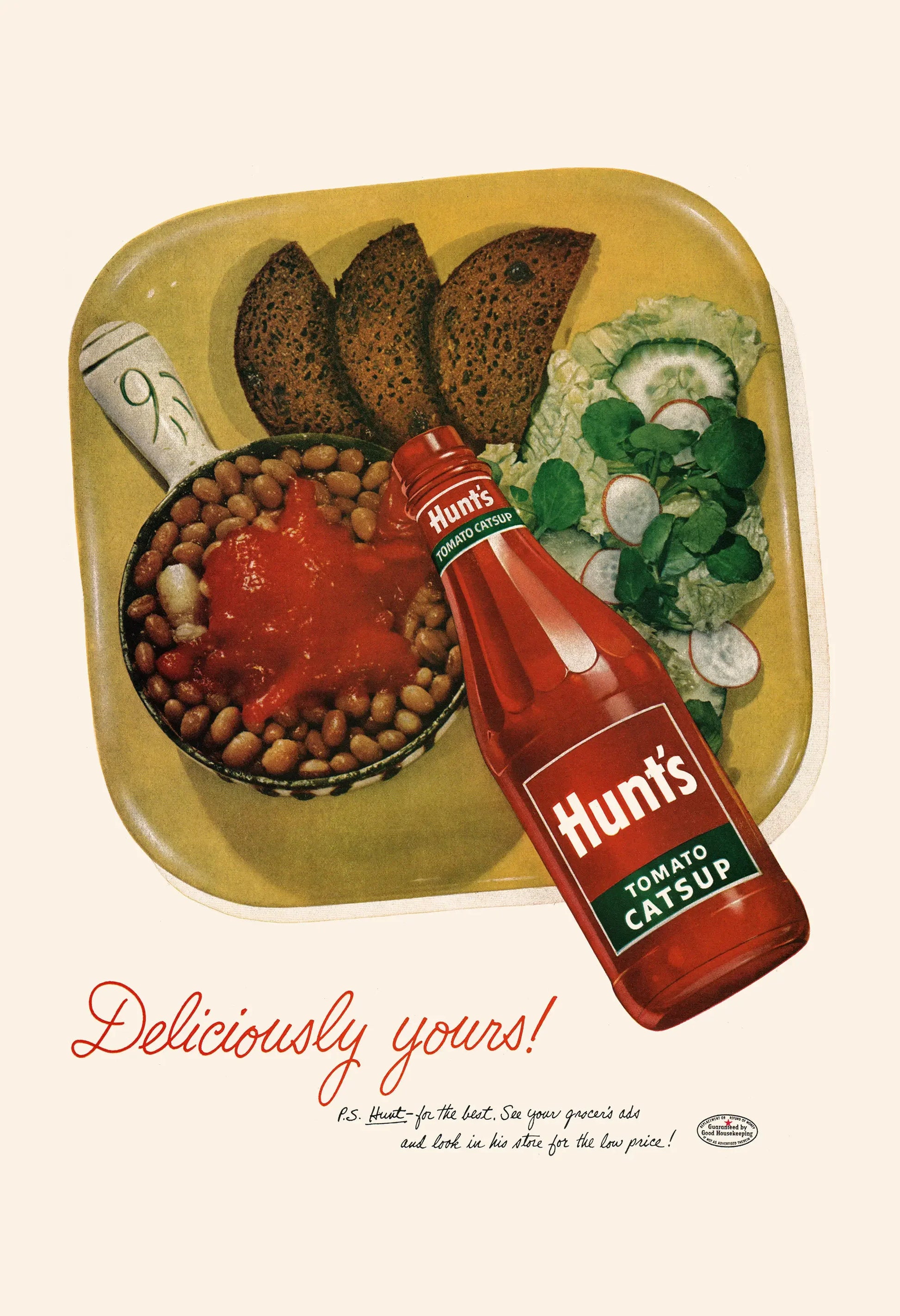 Vintage advertisement for Hunt's Tomato Catsup with a bottle and food items on a tray.