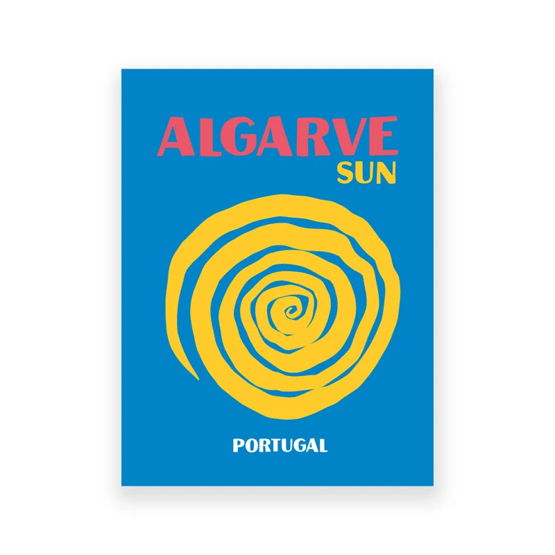 Poster with 'Algarve Sun Portugal' text and yellow spiral design on a blue background
