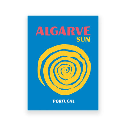 Poster with 'Algarve Sun Portugal' text and yellow spiral design on a blue background