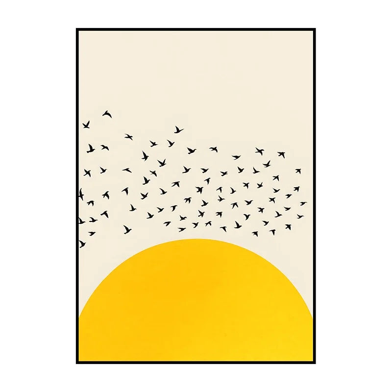 Framed artwork with black birds flying towards a yellow half-circle on a beige background