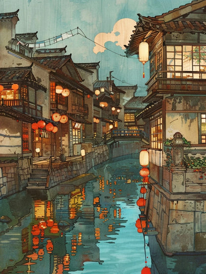 Japanese garden with pond, lanterns, and autumn foliage