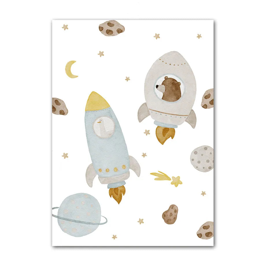 Children's poster with a bear in an astronaut suit, rocket, and space-themed elements on a white background.