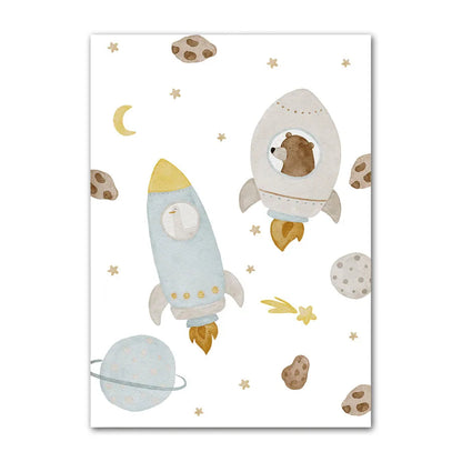 Children's poster with a bear in an astronaut suit, rocket, and space-themed elements on a white background.