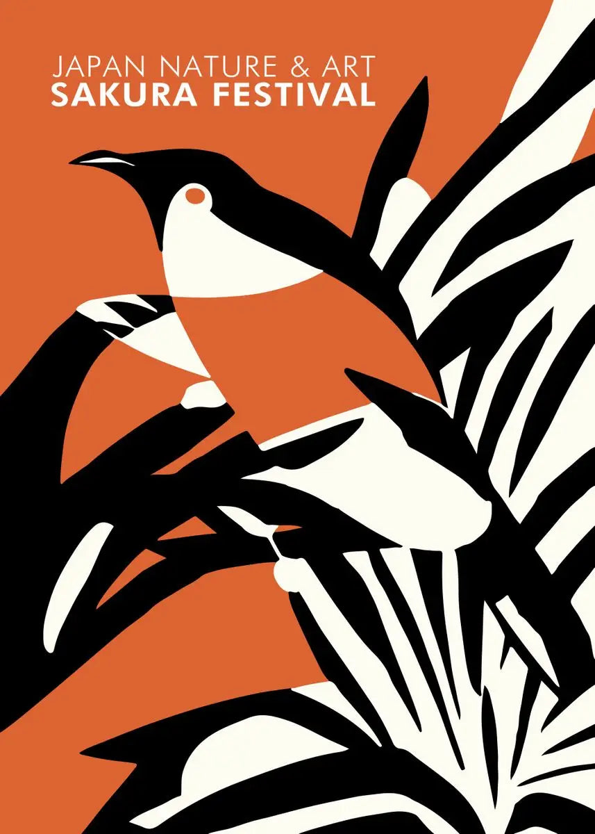 Sakura Festival poster with a bird and leaves on an orange background