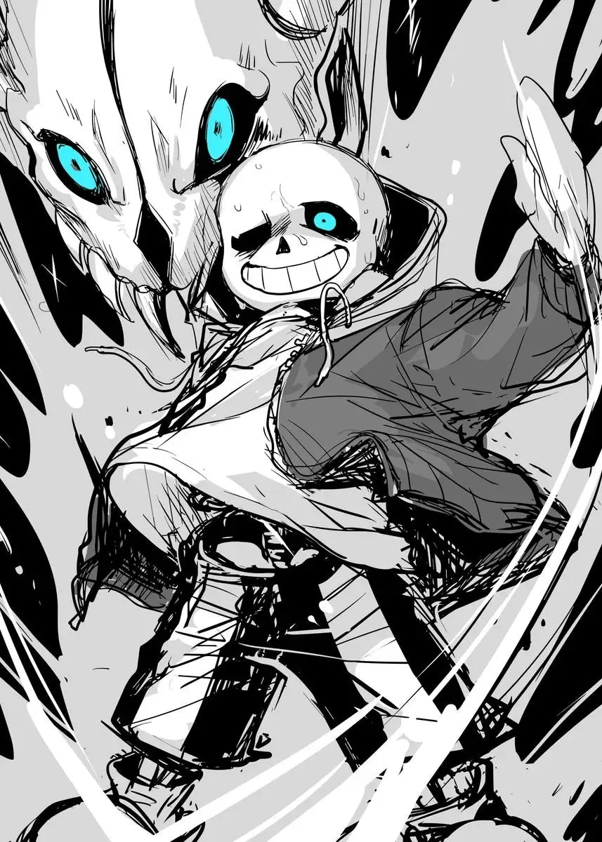 Black and white illustration of a character with blue eyes and a large creature in the background