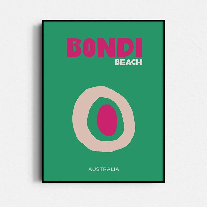 Poster with 'Bondi Beach, Australia' text on a green background