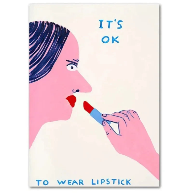 Illustration of a woman applying lipstick with text 'It's OK to Wear Lipstick' on a white background