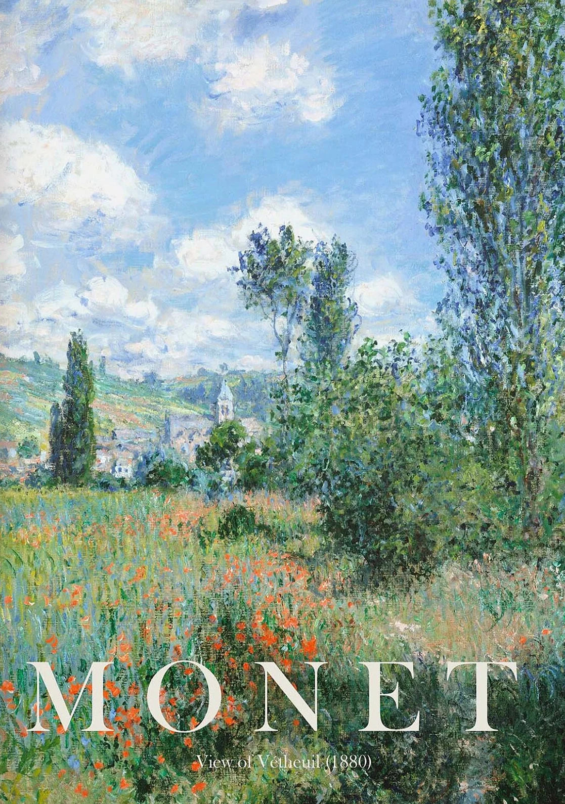 Painting of a landscape with flowers and trees, featuring the artist's name 'Monet'.