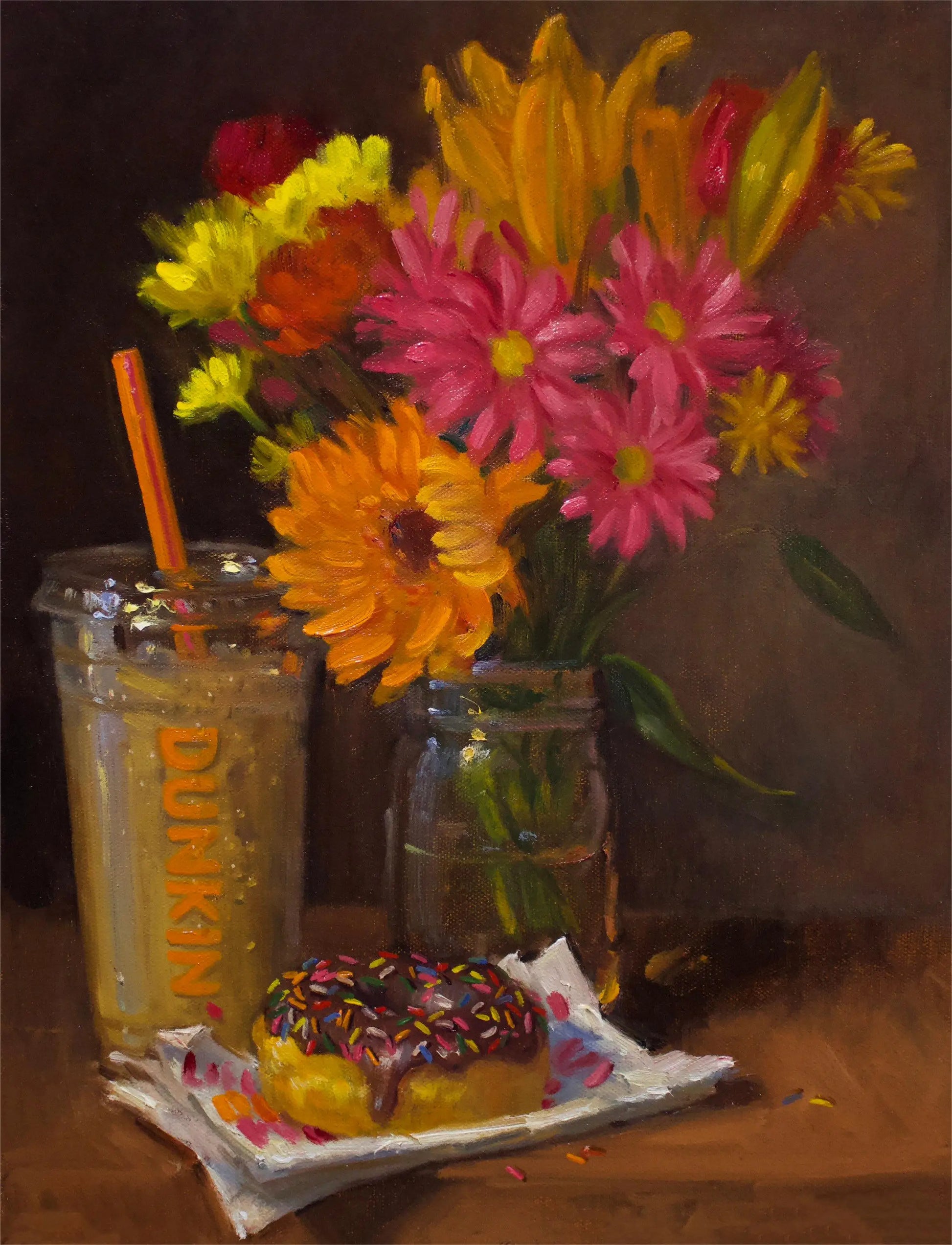 Still life with flowers, Dunkin' cup, and donut on a dark background