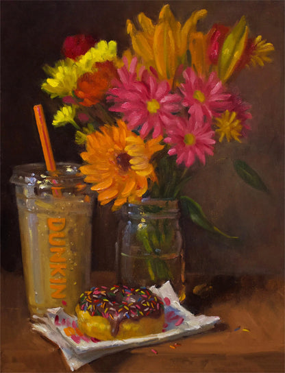 Still life with flowers, Dunkin' cup, and donut on a dark background