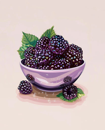 Bowl of blackberries with leaves on a light background